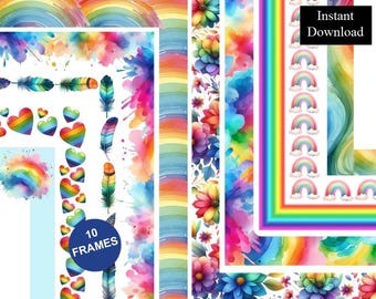 May include: A digital collection of 10 frames featuring watercolour designs with rainbows, colourful hearts, feathers, and floral patterns. The graphics include vibrant splashes of paint and repeating rainbow motifs with the text Instant Download.