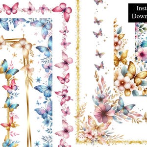 Schmetterlinge Aquarell Ränder Rahmen Clip Art Bundle 8 Digital Download Rahmen A4, 8.5 x 11 Zoll Schmetterling Glitter Gold druckbare Seitenrahmen