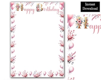 Bordes de acuarela para fiesta de cumpleaños, marcos, imágenes prediseñadas de feliz cumpleaños, descarga digital, globos rosas, tamaño A4 y 8.5x11, borde de página imprimible PNG
