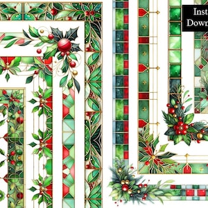 May include: Digital download of stained glass Christmas borders. The designs feature holly, berries, and ornaments in red, green, and gold. The borders have geometric and floral elements, with the words "Instant Download" in a black box.