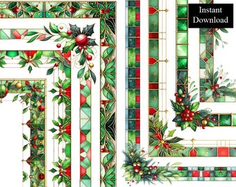 Christmas Leadlight Borders 8 Frames Stationery Clip Art Digital Download Page A4 & 8.5x11 PNG