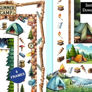 May include: A digital collection of summer camp themed graphics featuring log frames, tents, campfires, s'mores, pine trees, backpacks, compasses, and flashlights. The set includes eight frames and various camping illustrations with the text Summer Camp.