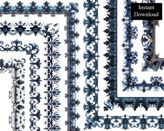 Navy Rococo Borders 8 Frames Bundle Digital Download A4 & 8.5x11