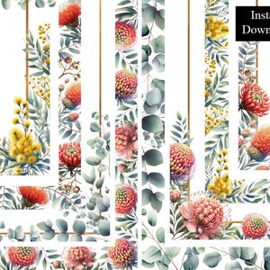 May include: A set of digital floral borders with gold frames. The borders feature watercolour illustrations of pink and red flowers, green leaves, and yellow mimosa flowers.