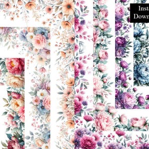 Peut inclure: Plusieurs modèles de bordures florales à l'aquarelle. Les motifs présentent des fleurs roses, pêche, violettes et bleues, avec des feuilles vertes. Le texte "Instant Download" est dans un encadré noir.