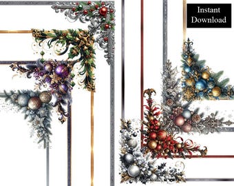 Marco de acuarela con bordes navideños góticos, clip art digital de 8,5 x 11 y A4, para fiestas, minimalista, página oscura imprimible.