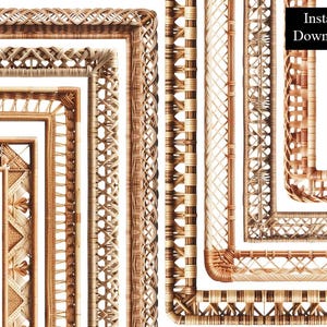 Könnte beinhalten: Eine Sammlung von gewebten Rattanrahmen und -bordüren in verschiedenen Stilen und Größen. Die Rahmen weisen komplizierte Muster und Texturen auf, mit einer natürlichen braunen Farbe. Der Text "Instant Download" befindet sich in einem schwarzen Rechteck.