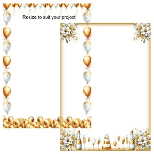 May include: A printable digital download of a gold and white party invitation with balloons, champagne bottles, and a cake. The text on the invitation says "Resize to suit your project".