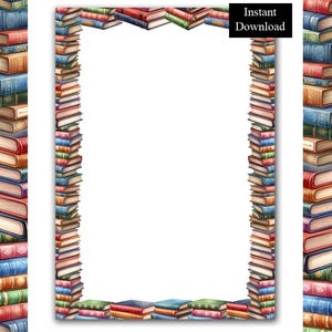 May include: A rectangular page border composed of stacked colorful books in various shades of red, blue, green, and brown. The books are arranged vertically along the sides and horizontally along the top and bottom. The text Instant Download appears.