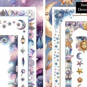 Soleil mystique et lune aquarelle bordures cadres Clip Art Bundle 8 téléchargement numérique cadre A4, bordure de page imprimable magique éthérée 8,5 x 11 pouces
