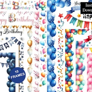Puede incluir: Una colección de diez marcos digitales de cumpleaños con varios diseños, incluyendo globos coloridos, acentos florales, banderines y serpentinas. El texto Happy Birthday aparece en múltiples fuentes en los diferentes diseños de marcos.