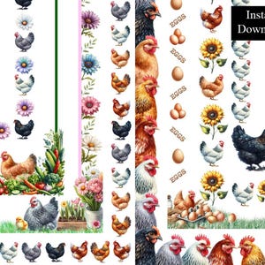 Paquete de 8 marcos de acuarela con diseño de gallinas, marcos de descarga digital, tamaño A4, carta de 8,5 x 11 pulgadas, borde de página imprimible con diseño de gallinas, huevos, girasoles y gallinas