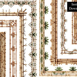 Puede incluir: Un conjunto de ocho ilustraciones digitales de bordes de bambú. Los bordes son de varios estilos, incluyendo líneas simples, patrones intrincados y diseños con hojas. Los bordes son perfectos para agregar un toque de naturaleza a tus proyectos digitales.