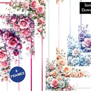 May include: A digital collection of 8 frames featuring floral arrangements of pink, purple, and blue roses with green leaves and vertical stripes. The image includes the text Instant Download and 8 FRAMES on a white background.