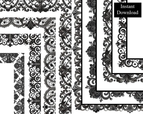 BORDER FREE 4本セット Black Decorative Borders 8 Frames Ornate Style Clip Art Digital