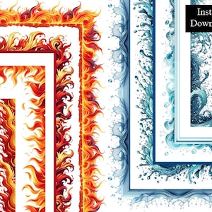 Feuer und Wasser Aquarell Borders Frames Bundle 8 Digitaler Download Rahmen A4, Letter 8.5x11 Blau Wasser Splash Flammen Printable Seitenrahmen
