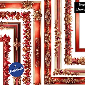 May include: A collection of eight rectangular frames featuring ornate red and gold decorative borders with intricate scrollwork, floral motifs, and embedded red circular gems. A blue circular badge displays the text 8 FRAMES and a black box says Instant Download.