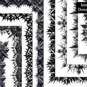 Puede incluir: Un conjunto de cinco bordes gráficos digitales en blanco y negro con diseños intrincados y puntiagudos. Los bordes son perfectos para agregar un toque gótico o moderno a los proyectos digitales.