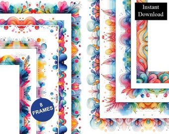 May include: A collection of eight rectangular frames featuring vibrant watercolour patterns with swirling lines, floral motifs, and colourful dots. The designs include a blue circle with the text 8 FRAMES and a black box with the text Instant Download.