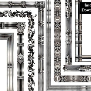 Op de afbeelding: Een set van acht zilveren metalen decoratieve randen met sierlijke ontwerpen. De randen zijn in verschillende stijlen, waaronder een eenvoudige rechte lijn, een bloemmotief en een geometrisch ontwerp.