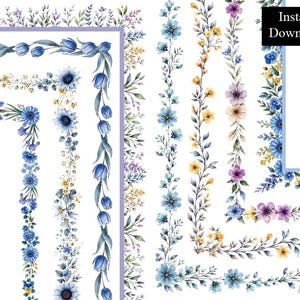 May include: A collection of watercolor floral borders and frames featuring blue tulips, yellow wildflowers, and purple blossoms on a white background. The image includes a black rectangular box with the white text Instant Download.