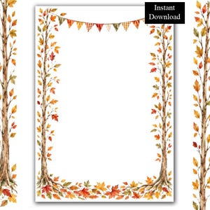 Puede incluir: Un diseño de papelería digital con un marco rectangular blanco bordeado por dos troncos de árbol verticales con hojas de otoño en tonos naranja, rojo y amarillo. Una guirnalda triangular cuelga en la parte superior con el texto Instant Download.