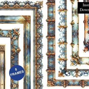 Könnte beinhalten: Eine Sammlung von acht rechteckigen Rahmen mit verzierten gold- und blaufarbenen Rändern, die komplexe Schnörkel und florale Motive aufweisen. Das Bild enthält den Text "8 FRAMES" in einem blauen Kreis und "Instant Download" in einem schwarzen Kasten.