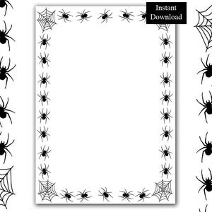 May include: A rectangular digital stationery page featuring a black spider and spiderweb border on a white background. The top right corner contains a black rectangular box with the white text Instant Download. The design includes repeating spider motifs.