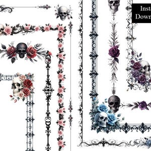 May include: Digital download featuring gothic-themed borders and corners. The designs include skulls, roses, and ornate scrollwork in black, gray, and shades of red, pink, and blue. The words "Instant Download" are visible in a black rectangle.
