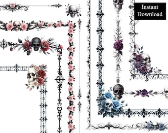 Bordes góticos de calaveras y rosas, 8 marcos, imágenes prediseñadas góticas ornamentadas, descarga digital, marco medieval de rosas rosas, moradas y azules, A4 y 8,5 x 11 PNG