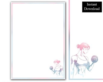 Marco de página minimalista para entrenamiento de fuerza con levantamiento de pesas femenino, póster en formato A4 y 8.5x11, imprimible en formato PNG.