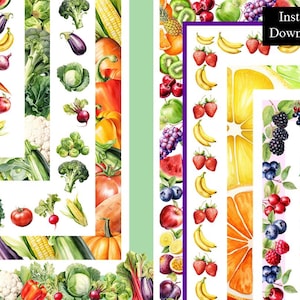 Fruits et légumes aquarelle bordures cadres cadre Légumes et fruits Bundle 10 pages en téléchargement numérique A4 & 8,5 x 11 bordure oranges PNG