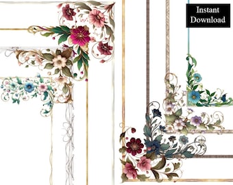 Paquete de 8 bordes de acuarela con esquinas florales Art Nouveau para marcos de descarga digital (tamaños A4 y 8,5 x 11 pulgadas), flores, hojas y flores.