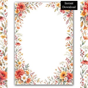 Höstblommig kantram digital nedladdningsbar ram A4 & 8,5x11 utskrivbar sida poster PDF/PNG