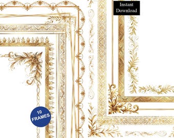May include: A collection of ten rectangular frames featuring intricate gold metallic borders with ornate floral corner accents and geometric patterns. A blue circular badge displays the text 10 FRAMES and a black rectangular label reads Instant Download.