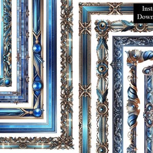 May include: Set of six ornate digital frames with blue and gold accents. The frames are designed to look like they are made of metal and have a vintage style.