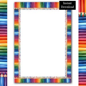 Könnte beinhalten: Ein rechteckiger Rahmen aus bunten, gespitzten Stiften, die in einem sich wiederholenden Muster aus Rot, Orange, Gelb, Grün, Blau und Violett angeordnet sind. Die Mitte ist eine leere weiße Fläche. Ein schwarzes Etikett zeigt den Text Instant Download.