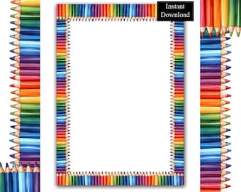Puede incluir: Un borde rectangular compuesto por lápices de colores afilados dispuestos en un patrón repetitivo de rojo, naranja, amarillo, verde, azul y morado. El centro es un espacio blanco vacío. Una etiqueta negra muestra el texto Instant Download.