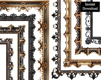 Gold und schwarz verzierte Ränder 8 Rahmen ClipArt Digital Download Vintage A4 & 8.5x11 PNG