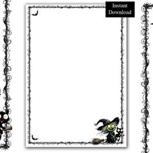 May include: A rectangular stationery page featuring a black ornate vine border with small bats in the corners. The bottom right corner displays a green-skinned witch with a black hat and a black cat on a broomstick. Text reads Instant Download.