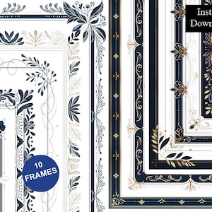 Könnte beinhalten: Eine Sammlung von zehn rechteckigen Rahmen mit komplexen botanischen und geometrischen Mustern in Marineblau und Gold auf weißem Hintergrund. Das Design umfasst zarte Blattmotive, Schnörkel und gerade Linien. Ein blauer Kreis zeigt den Text 10 FRAMES und ein schwarzes Feld enthält den Text Instant Download.