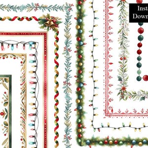 Simples aquarela Natal bordas quadros clip art 11 download digital 8,5 x 11 e A4 temporada festiva minimalista luz página borda natal