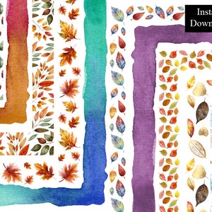 Folhas de Outono Aquarela Bordas Molduras Outono Outono Clip Art Pacote 10 Digital Download Outono Molduras A4 e 8,5 x 11 polegadas PNG Pintado à Mão