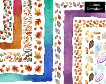 Paquete de 10 marcos con bordes de hojas de otoño para descarga digital en formato A4 y 8.5x11 (PNG). Página imprimible.
