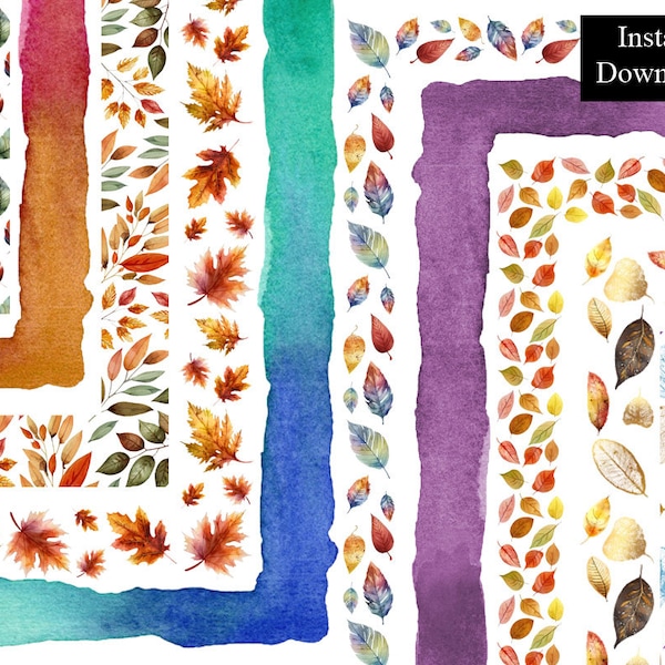 Autumn Leaves Watercolour Borders Frames Autumn Clip Art Bundle 10 Digital Download Autumn Frames A4 PNG Hand Painted