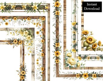 Marcos de madera y flores amarillas, bordes de acuarela, marcos de página, clip art, paquete de 8, descarga digital, A4 y PNG de 8,5 x 11 pulgadas, vintage antiguo.