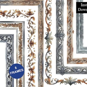 May include: A collection of eight rectangular frames featuring intricate scrollwork and ornate floral patterns in metallic silver, bronze, and gold tones. The designs include detailed borders, corner accents, and a circular emblem with text.