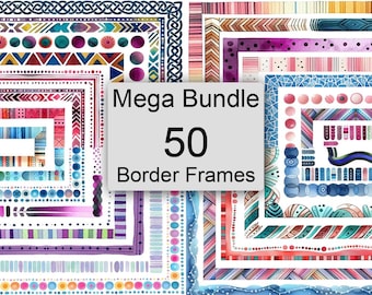Rainbow Abstract Mega-Bundle Borders 50 Frames Bundle Digital Download A4 & 8.5x11 PNG Printable Page