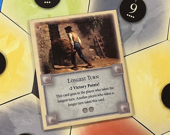 Longest Turn penalty replacement game card compatible with Catan&#39;s Settlers of Catan, Seafarers and Catan Expansions
