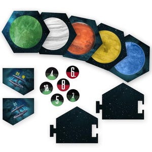 May include: A game board with six hexagonal planet tiles, each with a different colored planet. There are also several round tokens with numbers and symbols, two spaceship tokens, and two black starfield tiles.